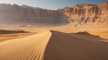 Fototapeta premium Expansive desert landscape featuring undulating sand dunes set against imposing rock formations in
