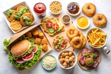 An overhead shot of a variety of fast food items and appetizers arranged on a white surface top view fast food,  Photos, Standard Content, isolated Assets, isolated,  Horizontal,
