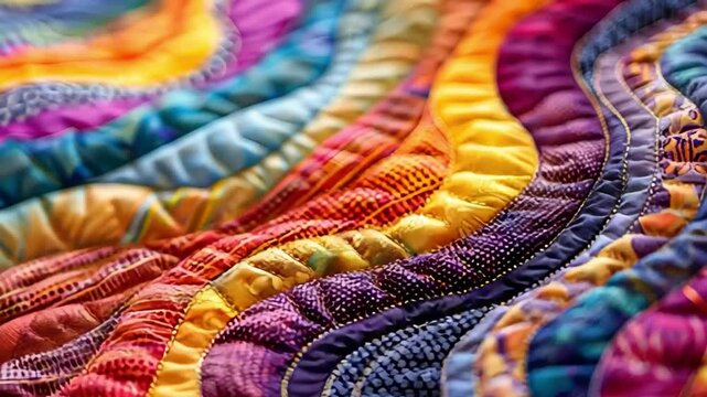 A colorful quilt with a wave pattern. The colors are bright and vibrant, creating a cheerful and lively atmosphere
