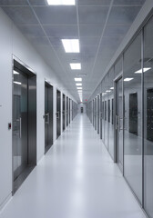 Fototapeta premium A long, white office corridor with stainless steel doors, glass walls, lighting on the ceiling. The interior of an industrial building or data center is minimalist in style.