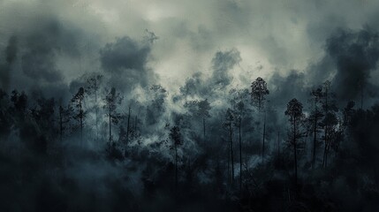 burned forest with smoke and ash symbolizing environmental vulnerability and climate fragility contrast between life and destruction haunting visuals