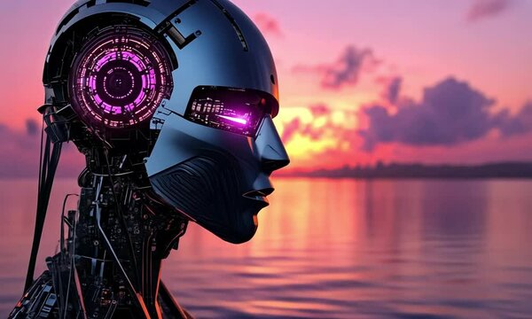 Close up robbot in the lake at sunset