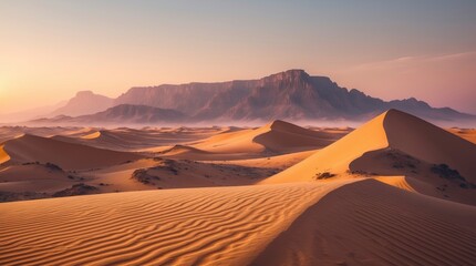 Expansive desert landscape featuring rolling sand dunes and distant mountain range under a soft,