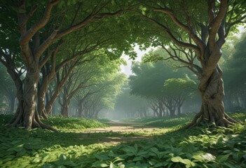 Naklejka premium Emerald green leaves create a thick, interwoven canopy at ground level , exotic, leaves