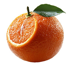Fresh orange fruit with a slice removed on a dark background for healthy eating advertising