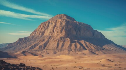 Naklejka premium Majestic rock mountain rising from the sandy desert plain under a pale blue sky, an awe-inspiring