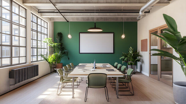 Modern coworking space with large table, chairs, and projector screen, surrounded by green plants and natural light