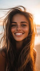 Fototapeta premium Golden Hour Beauty: A Portrait of Radiant Woman at the Beach