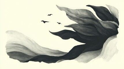 Abstract Monochrome Landscape  Stippled Hills  Birds in Flight  Minimalist Art