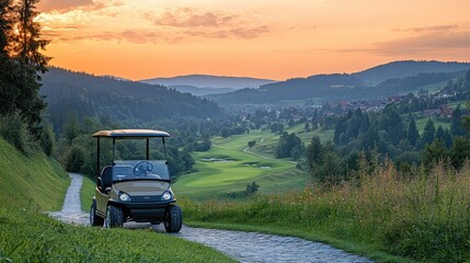 Scenic golf cart on a winding path at sunset overlooking a valley