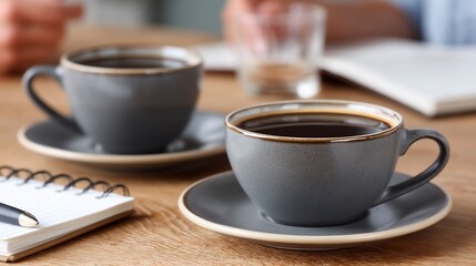 Two cups of coffee on a wooden table with notepad and pen. Person in background working. Possible use Stock photo for coffee shops, office supplies, work from home, and productivity