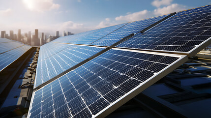 Solar panels installed on a rooftop with a city skyline in the background under bright sunlight