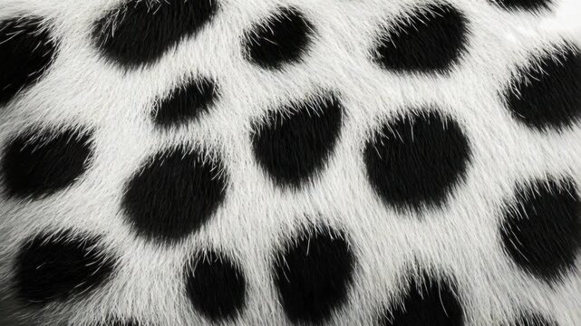A close-up of a Dalmatian's distinct black spotted white fur pattern.
