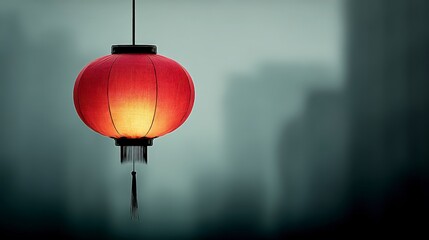 Obraz premium Glowing Red Chinese Lantern Night Cityscape Bokeh