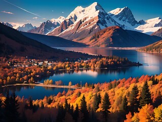 The tranquil beauty of the wilderness comes alive in this alpine landscape, where shimmering lake waters, fiery fall colors, and icy mountaintops come together in perfect harmony under a radiant sky.
