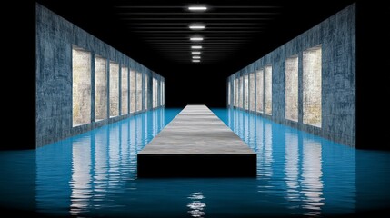 Obraz premium Flooded Hallway Modern Architecture Blue Water Runway Interior Design