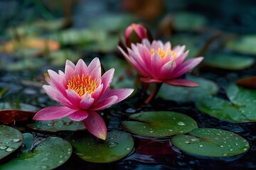 Close-up of a Pink Lotus Blooming in a Pond With Green Lily Pads. Generative Ai