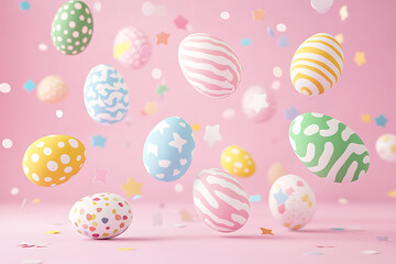 Fototapeta premium Colorful Easter eggs in mid-air against a pink background, surrounded by festive confetti