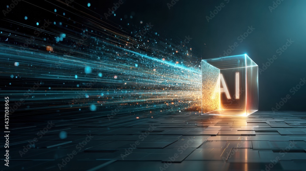 Aufkleber Floating Hologram of an AI Logo With a Digital Cube Against a Futuristic Background Depicting a Technology Concept