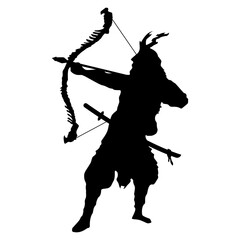 Samurai warrior with bow and arrow aiming at target or enemy.Japanese samurai warrior archer aiming longbow silhouette graphic icon isolated white background.Traditional archer with drawn bow icon