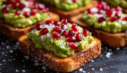 Delicious avocado toast topped with pomegranate seeds and sea salt.
