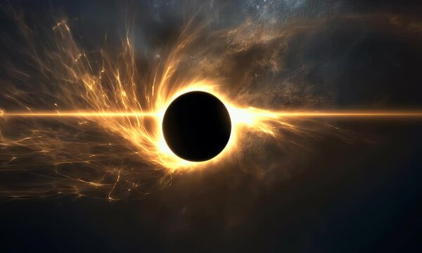  Black hole in space, total eclipse of the sun with black event horizon. Dark stars and cosmic dust swirling around supermassive body. Elements glowing in yellow light, 