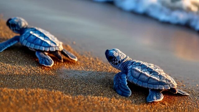 Two baby sea turtles crawling on sandy beach. Static camera. 4K.
