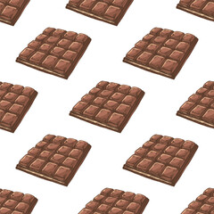 Hand drawn vintage seamless pattern with chocolate bars tiles, brown color sketch isolated on white background