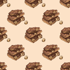 Colored Seamless pattern of chocolate sketch with nuts