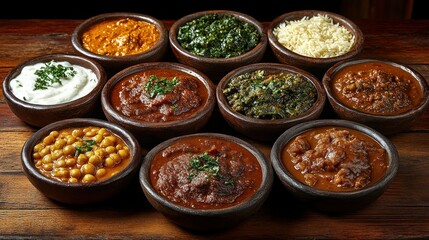 Diverse array of Indian curries and side dishes.  Colorful and flavorful dishes served in rustic bowls, showcasing the variety of Indian cuisine