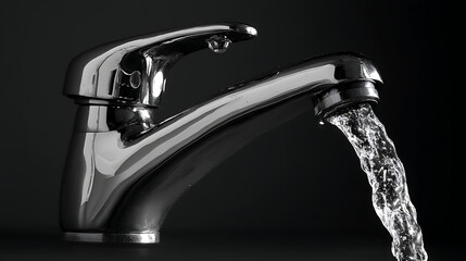 A sleek chrome faucet pouring clear water against a dark background, showcasing modern design