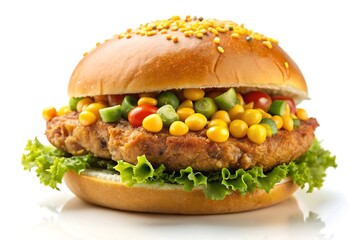 Close up shot of a burger with lettuce and corn on top and sesame seeds on the bun on white background fast food,  Photos, Standard Content, isolated Assets, isolated,  Horizontal,
