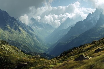 Obraz premium A panoramic view of the mountain range and a picturesque landscape with some clouds in the sky. Generative Ai