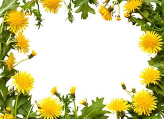 Spring border with yellow dandelions, transparent background, PNG element, PNG frame on the edges of the picture 