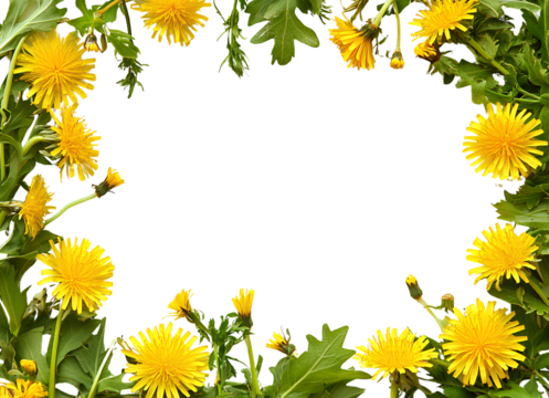 Spring border with yellow dandelions, transparent background, PNG element, PNG frame on the edges of the picture 