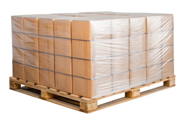 Shrink-Wrapped Cardboard Boxes on a Wooden Pallet isolated with transparent background