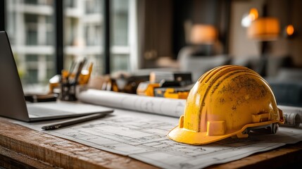 Estimator's workstation with designs and estimates. Construction estimating work. Scrolls, laptop, and window with a yellow hard helmet. idea in the construction sector. Generative Ai