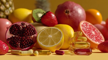 Notion of healthy eating. Vitamins, fruits, and vegetables help strengthen the immune system. A balanced diet, fresh organic fruit, and health supplements. Generative Ai