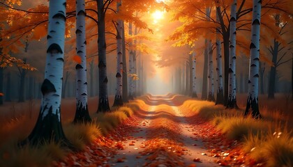 Fototapeta premium Autumnal Path Birch Trees Golden Sunlight Forest Road Fall Leaves Nature Scene