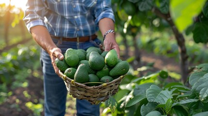 a man holding a basket of avocas