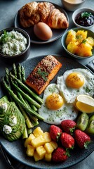 Fresh continental breakfast with neatly arranged ingredients. A wholesome morning spread to start the day.