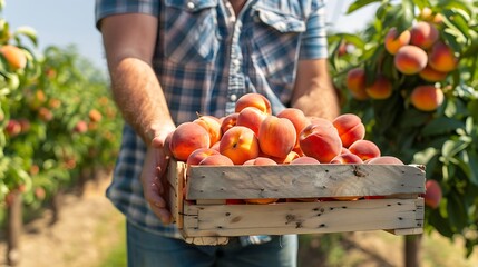 a man holding a crate of peaches in a field