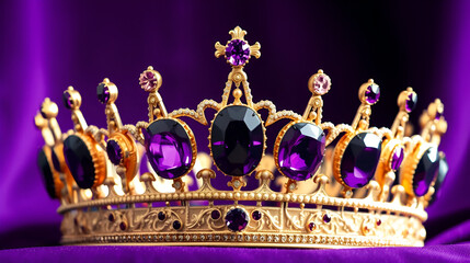 A majestic crown featuring large, ornate purple jewels, set against a rich, dark purple fabric background, symbolizing luxury and royalty.