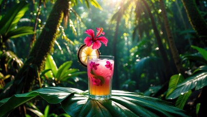 Tropical Drink with Hibiscus Flower in Lush Jungle Setting