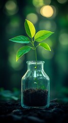 Young plant in glass bottle, bokeh background