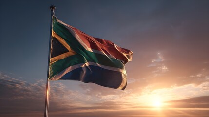 South African flag waving proudly at sunset