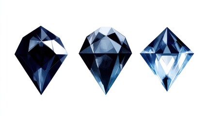 Three dark blue diamonds, isolated, white background, jewelry