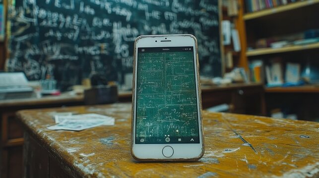 Smartphone displaying mathematical equations on a wooden table in front of a chalkboard