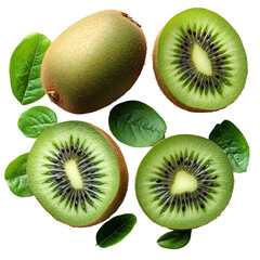 Fototapeta premium Freshly cut kiwis composition showing green interiors and close up detail
