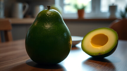 A lg green avocado on bk tble nxt to bk wll w light shnng